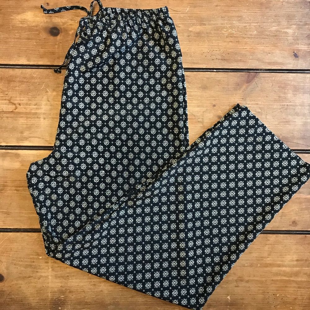Vintage Kathie Lee Pants Black Patterned Wide Leg Lounge Medium Y2K